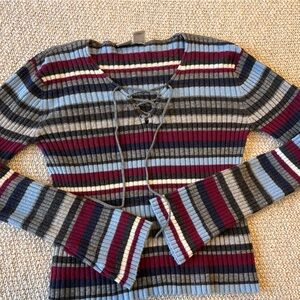 Vintage 90s/Y2K Arizona Jean Co Striped Lace-Up Sweater - Grunge Boho - Large